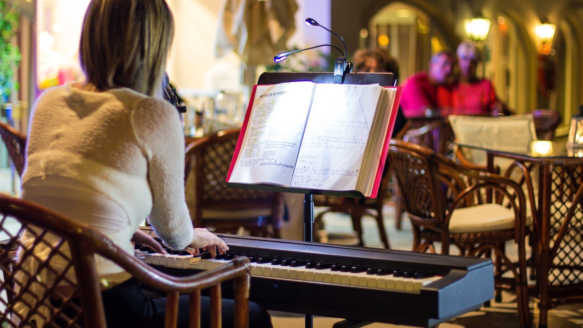 a dog playing a piano