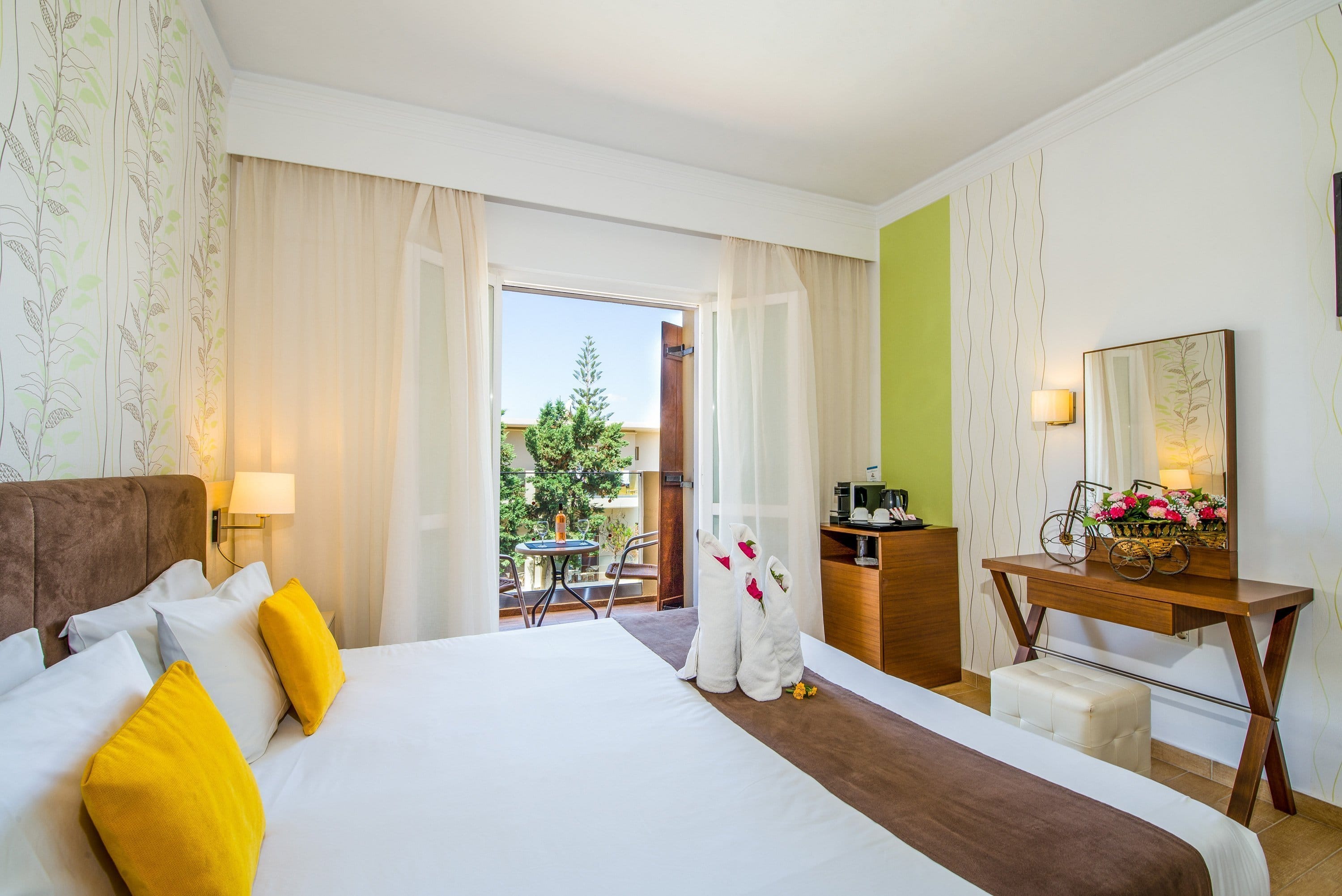 a bedroom with a large window