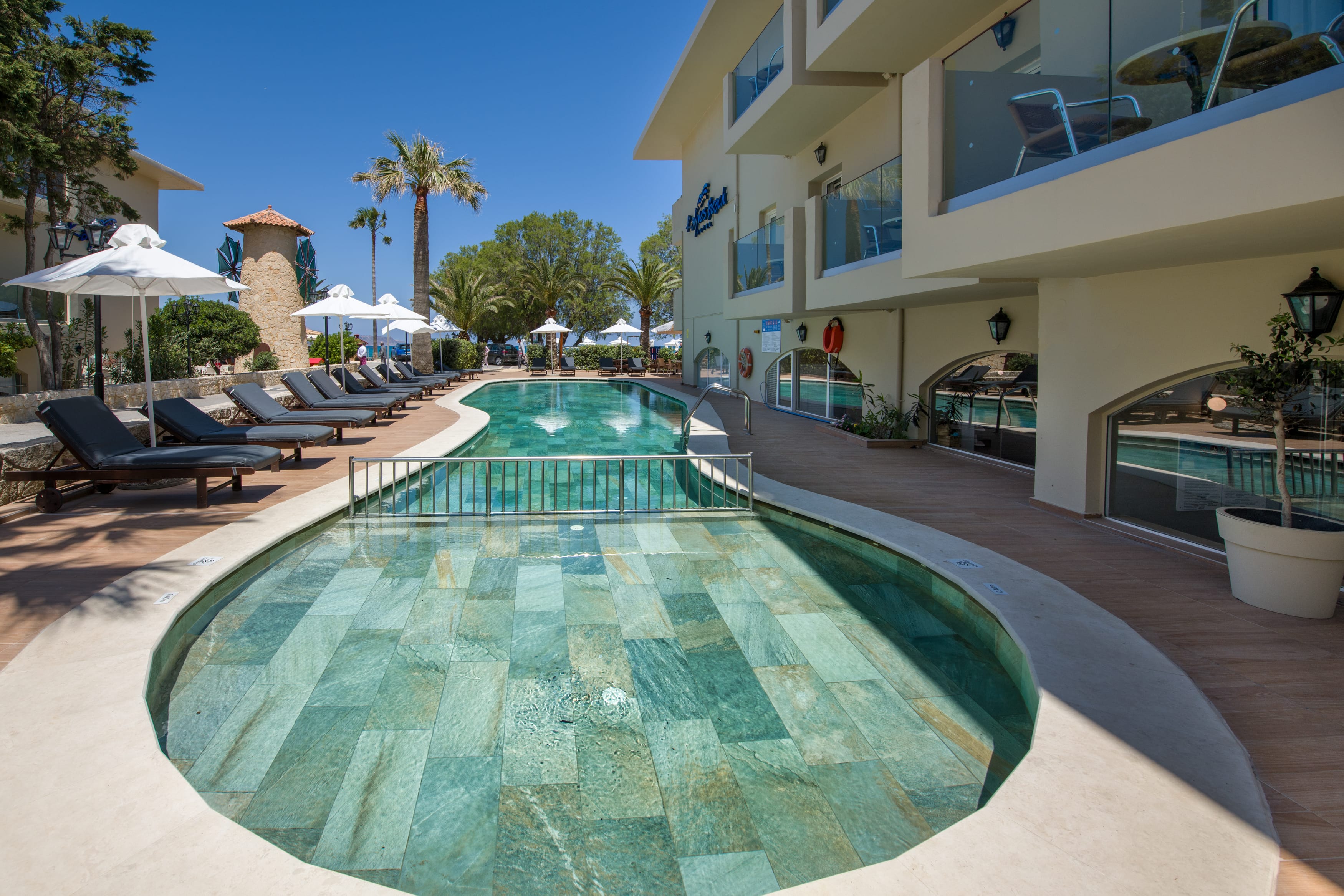 a swimming pool outside a building