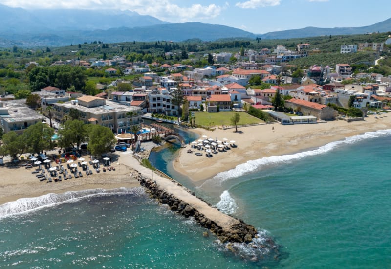 a beach with houses and trees