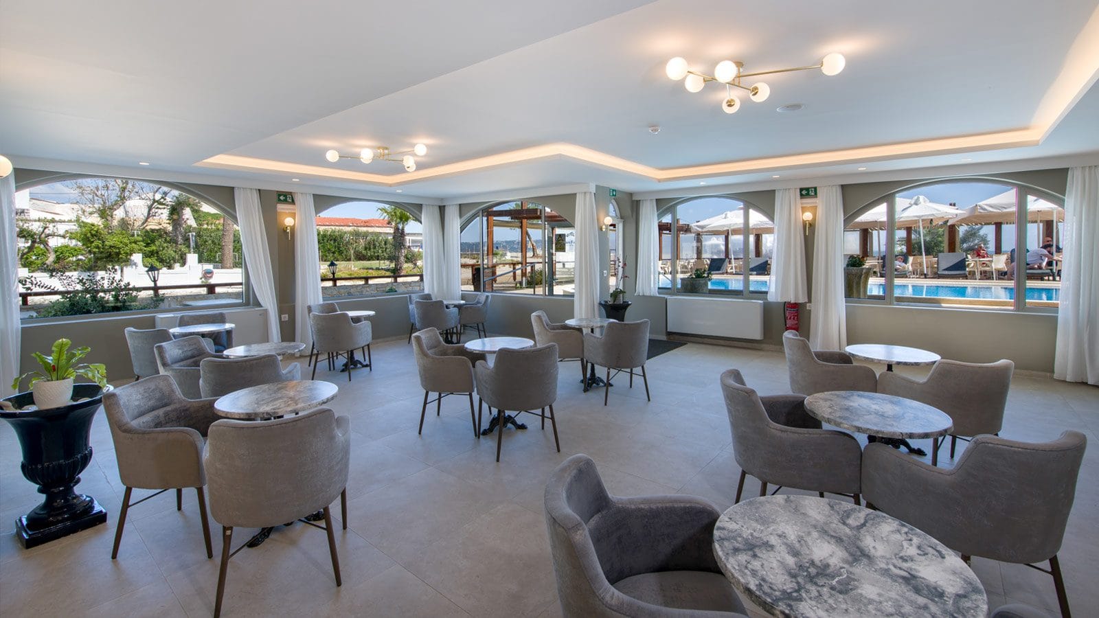 a room with tables and chairs