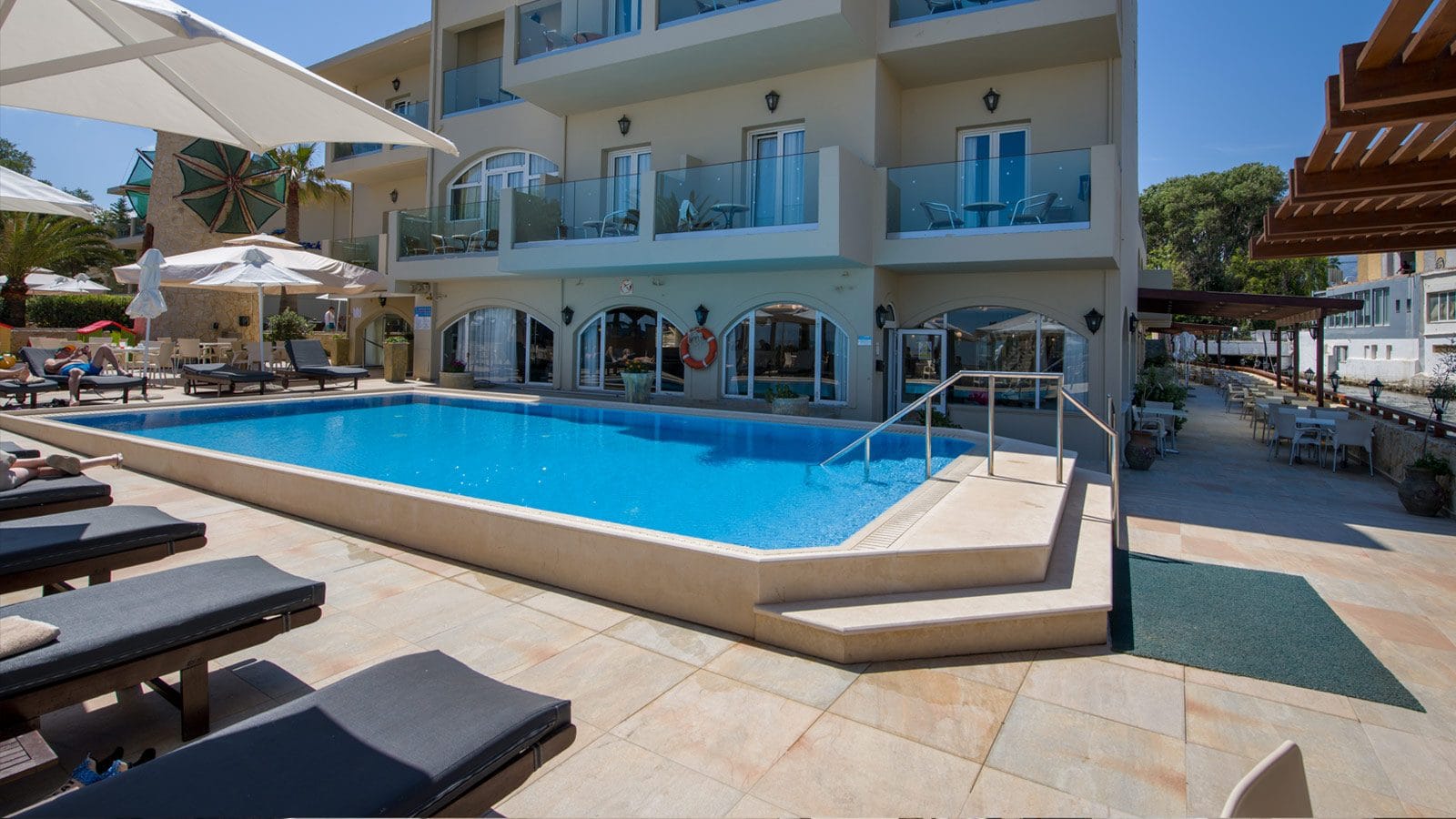 a swimming pool in a resort