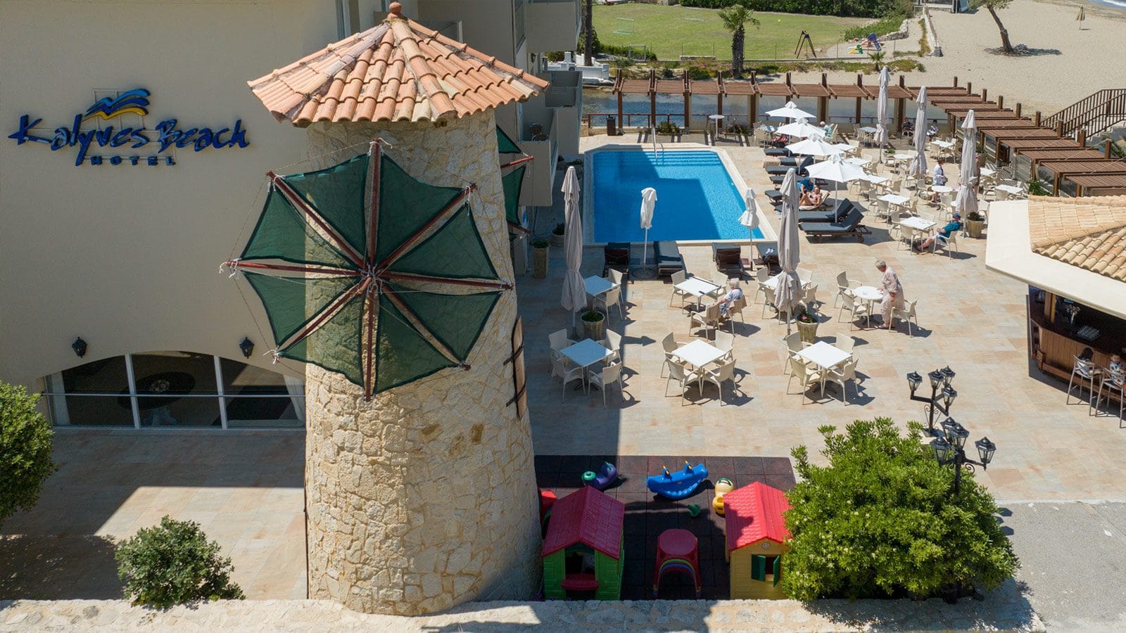 a building with a large umbrella