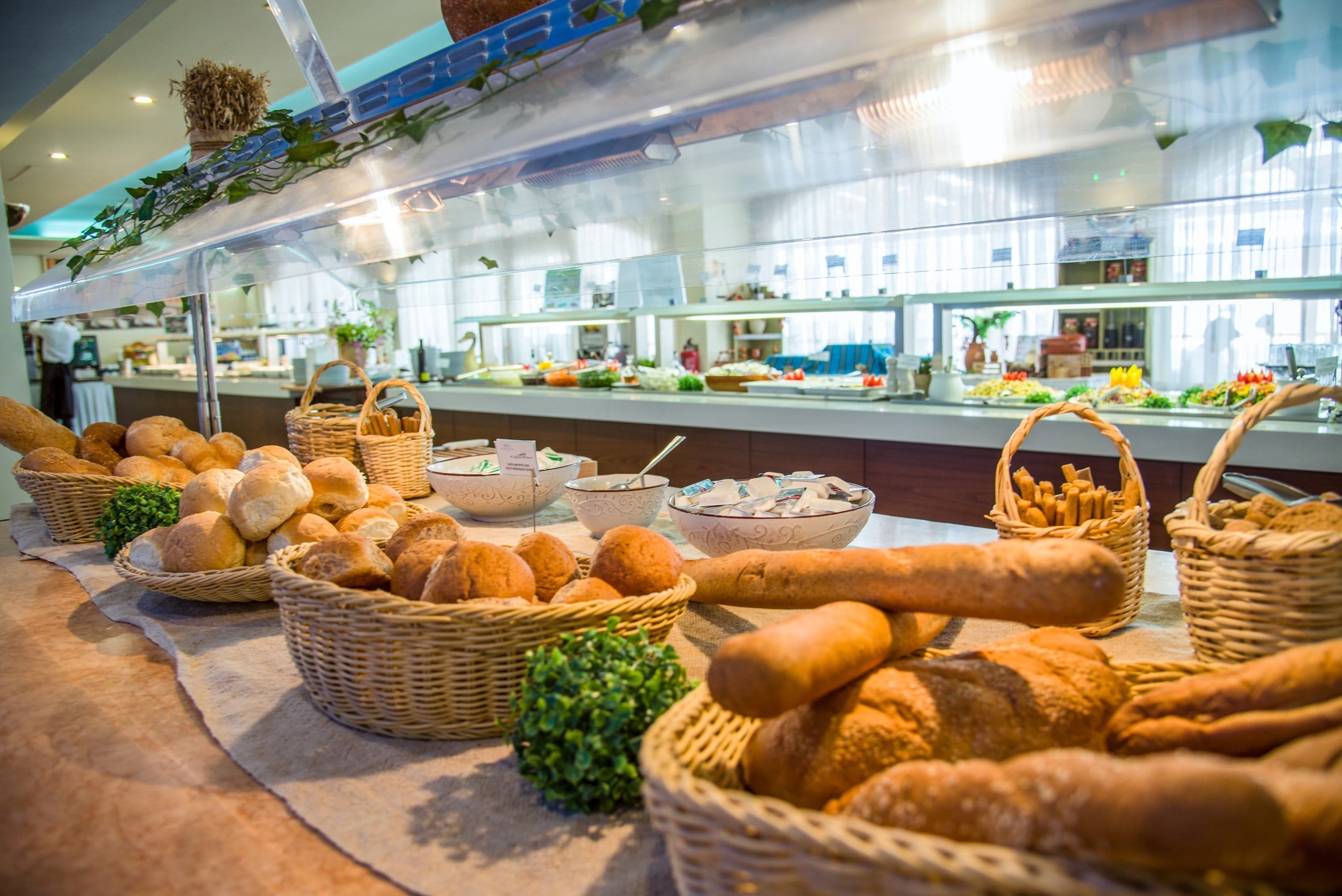 a grocery store with baskets of food