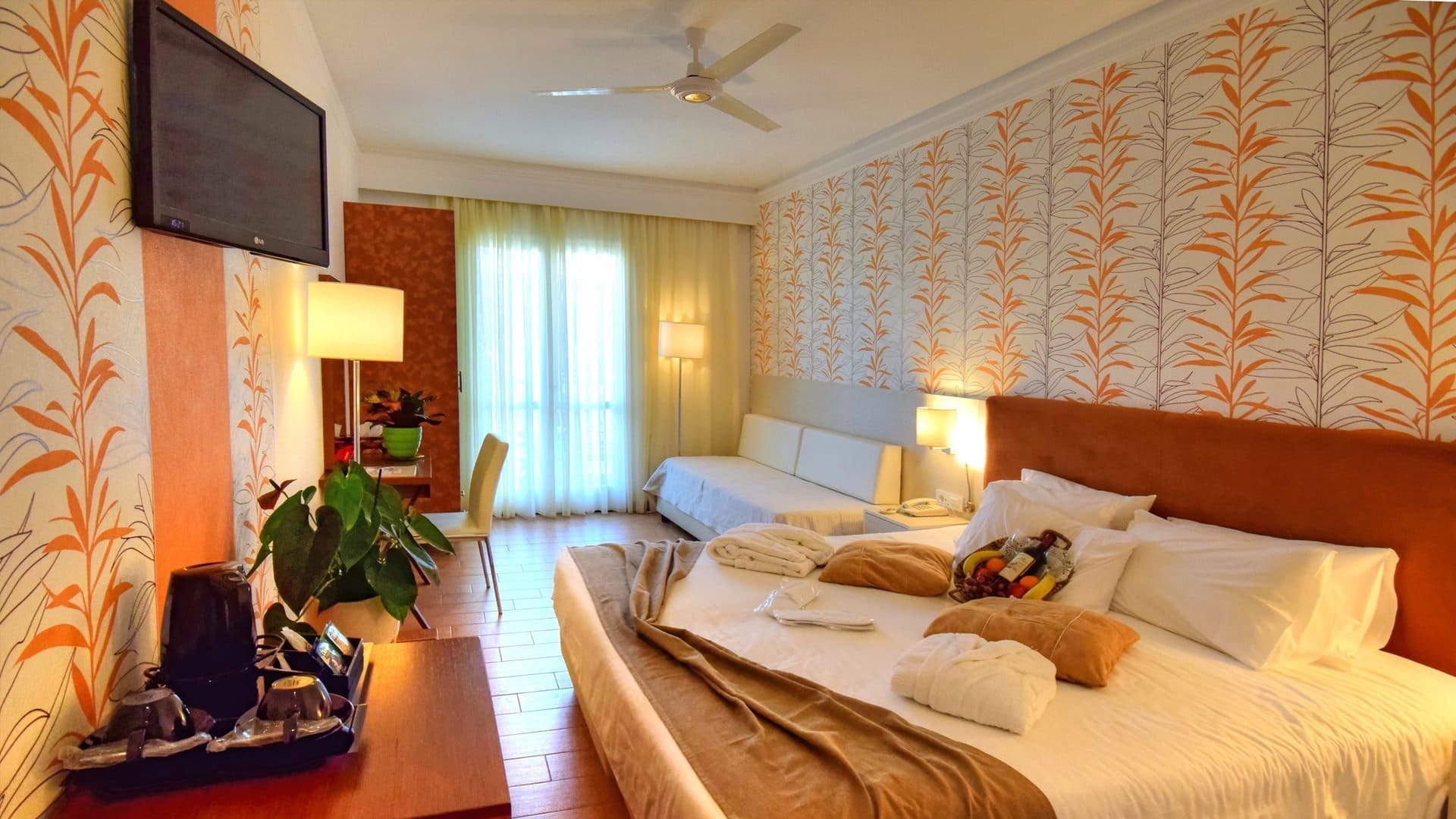 a hotel room with a bed and a tv