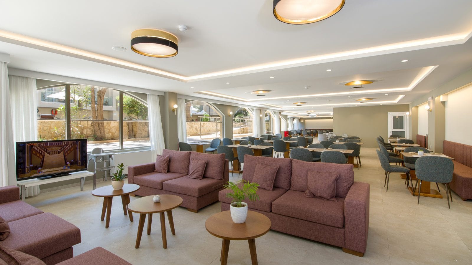 a living room with a large window