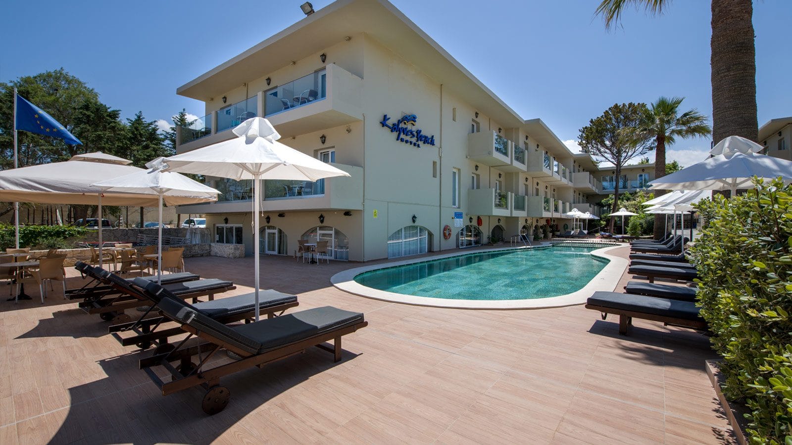 a pool in front of a building
