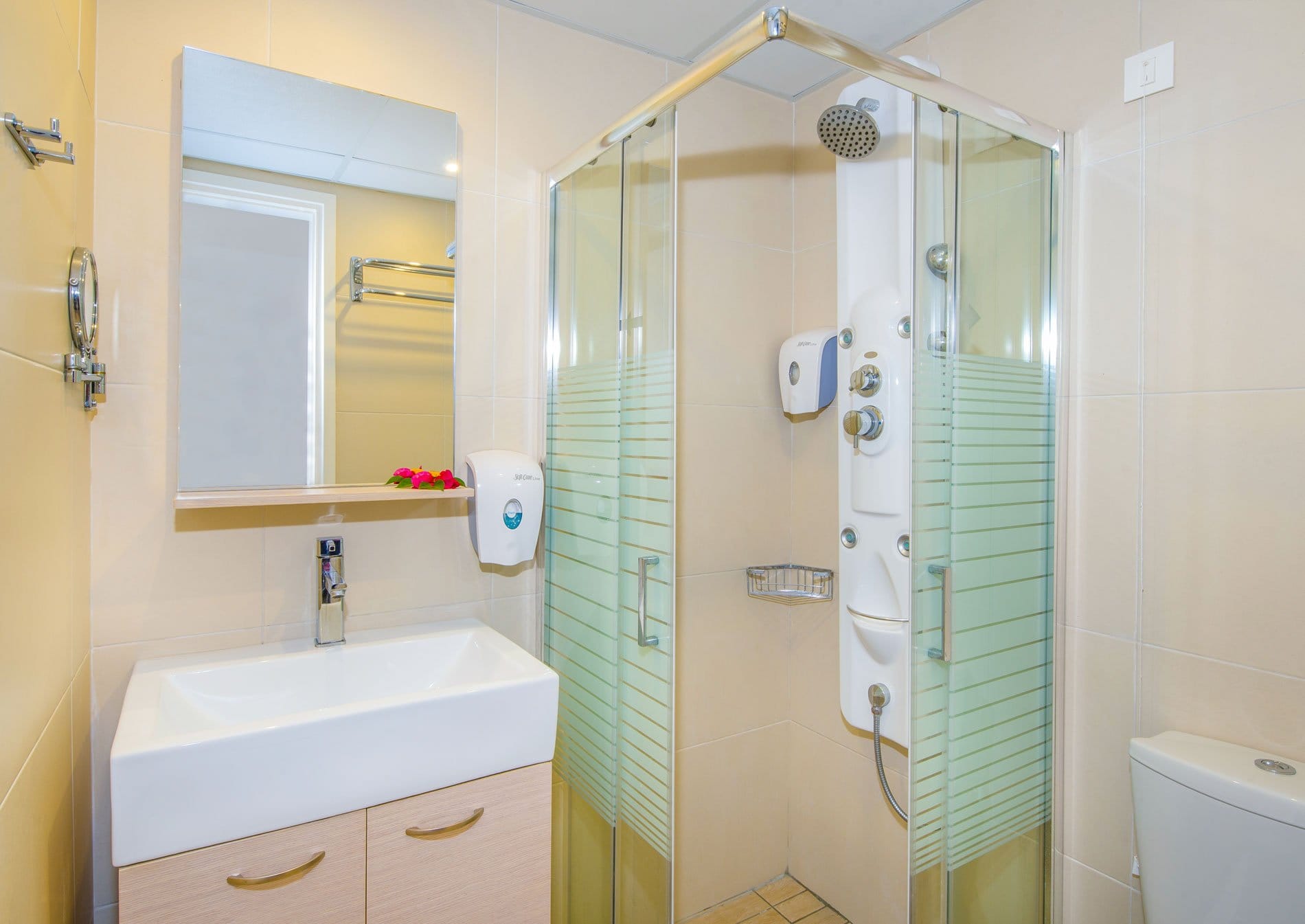 a bathroom with a glass shower