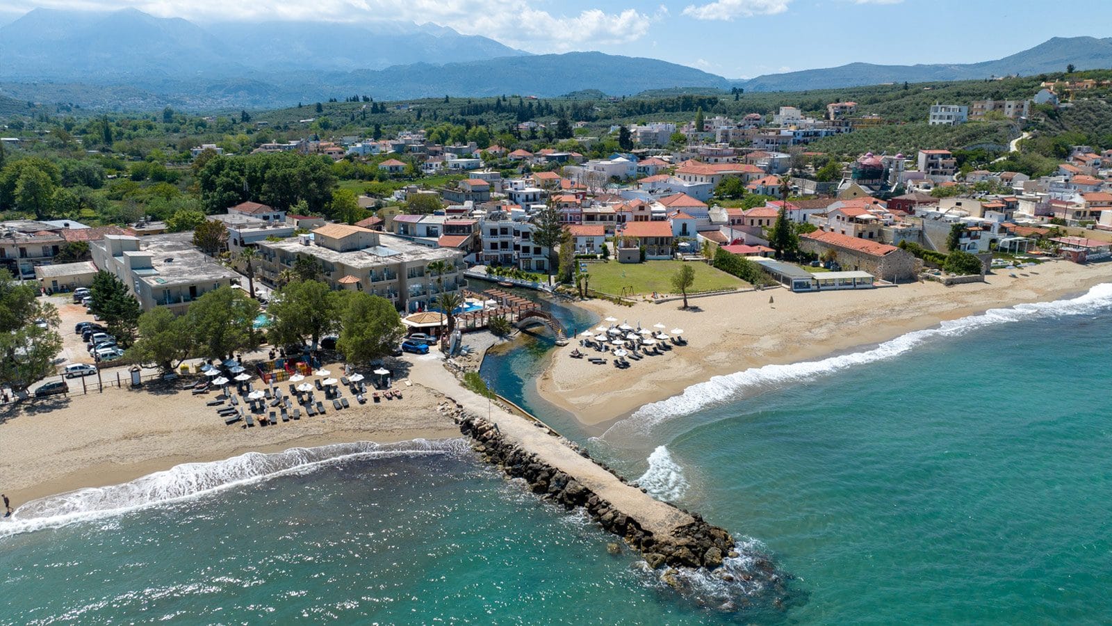 a beach with houses and trees