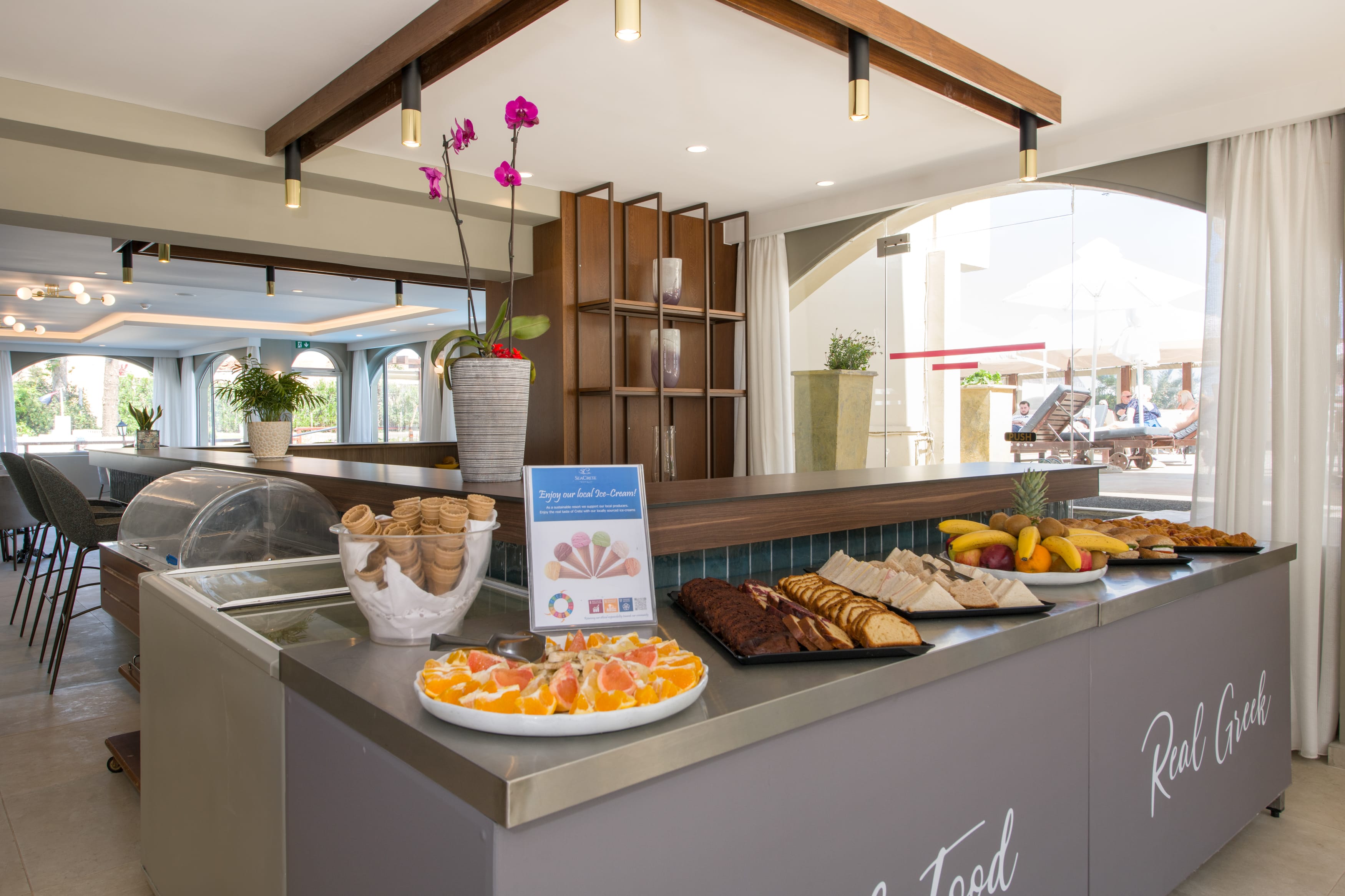 a kitchen with a counter and food