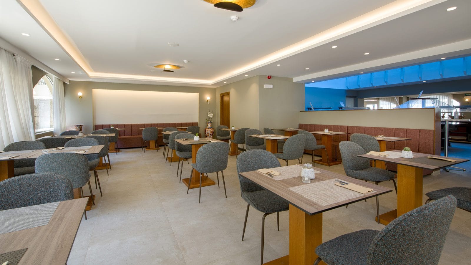 a room with tables and chairs