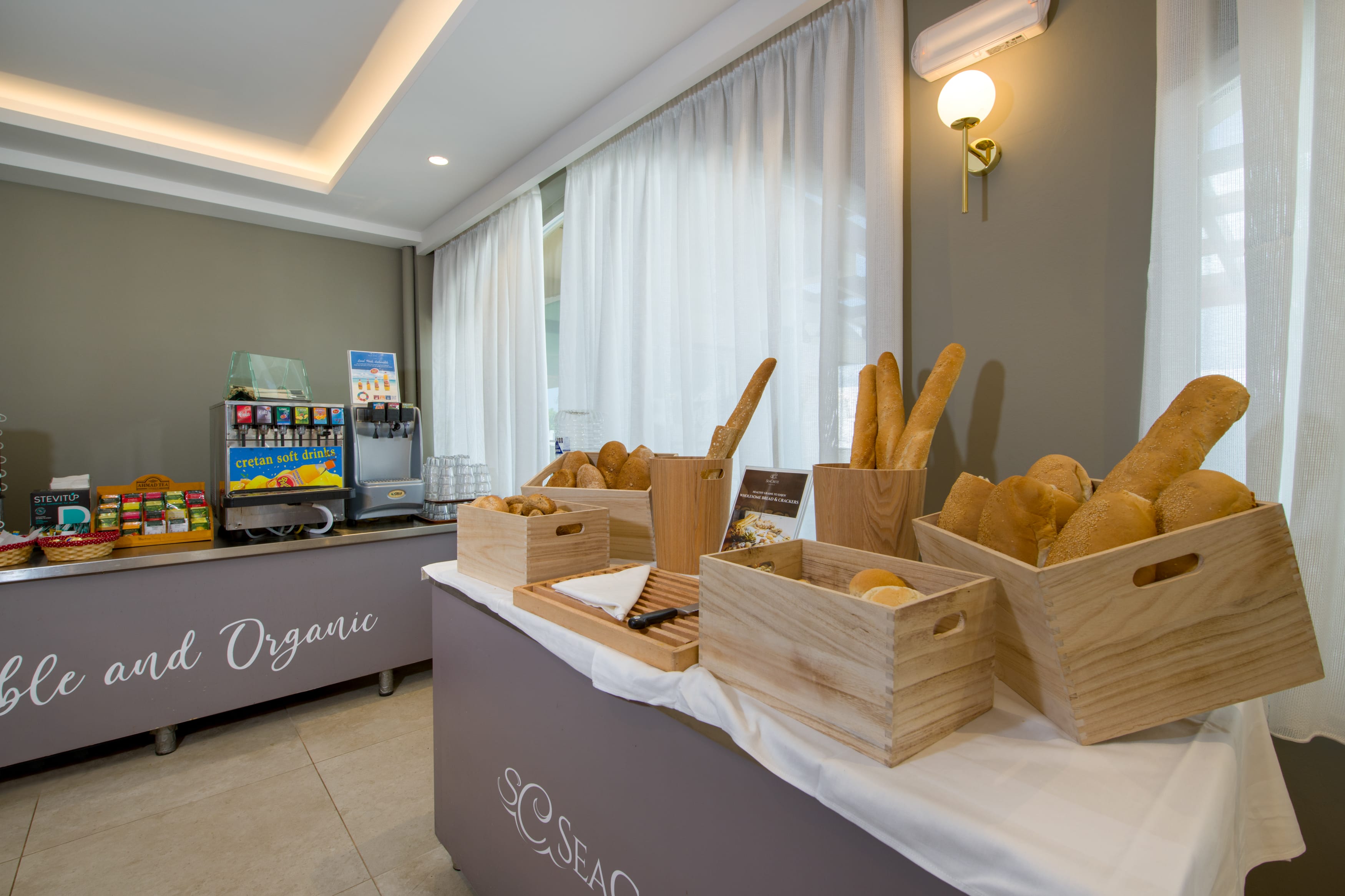 a room with boxes of bread